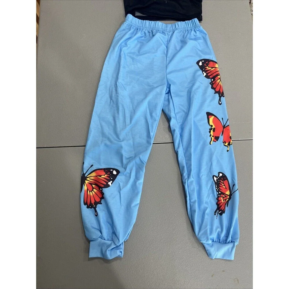 SOLY HUX Girl's‎ Butterfly Print Tops & High Low Hem T-Shirt W/ Sweatpants 3 Pc